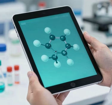 A close-up of a laboratory tablet showing complex molecular structures in teal tones, held by a researcher in a clean white lab setting, featuring the brand palette and a tone of innovative optimism.