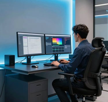 A professional South American / Brazilian creative designer working on a high-end dual-monitor setup in a sleek office, featuring neon bright sky blue accents and dark slate navy furniture.