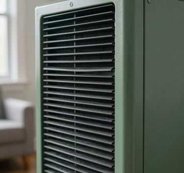 Close-up of a professional HEPA air scrubber with a muted green casing, operating inside a clean residential room in Ottawa. The environment is orderly and sterile.