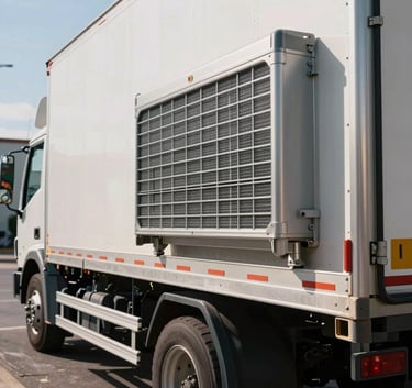 Detail of a modern refrigerated truck's cooling unit with the focus on the sleek metallic casing, parked in a sunlit Latin American industrial area.