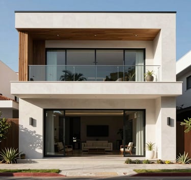 A luxurious, modern South American home facade recently restored, clean lines, sunny daylight, sophisticated architecture, high-standard finishes.