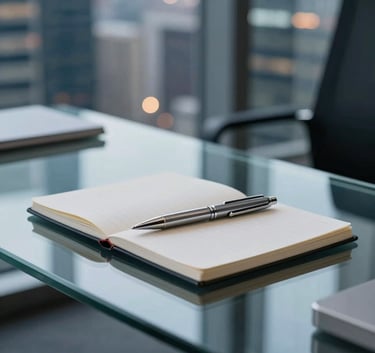 A close-up photograph of a sleek, modern glass desk in a high-rise North American / US office building. On the desk sits a refined silver pen and a minimalist notebook. The background features blurred city lights in Steel Blue and Dark Navy tones, suggesting a professional and forward-thinking financial environment.