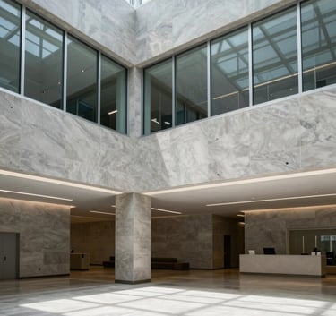 An architectural photograph of a modern North American / US office lobby with clean lines and high ceilings. The palette is dominated by Light Gray stone and Muted Blue accents. Natural light spills across the floor, creating a sense of clarity and professional openness.
