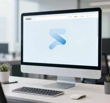 A bright, premium modern office interior with a blurred professional background. Focus is on a clean desk with high-end tech. The color palette incorporates #F8FAFC and subtle #4F77CC blue lighting.