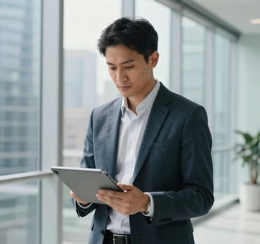 A professional portrait of a tech consultant in a minimalist, glass-walled office in a global international business district, focusing on a tablet. The lighting is bright and clean with accents of light blue and white.