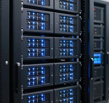 A sophisticated close-up of high-performance server racks in a data center, glowing with soft light blue LEDs, symbolizing modern hosting and security, set in a clean and reliable global international facility.