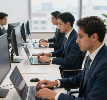 A high-end modern corporate office in Latin America with professional employees using advanced computers and laptops, bright natural lighting, reflecting a reliable and professional mood in navy blue and off-white tones.
