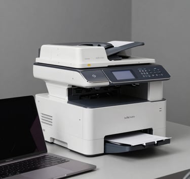 Professional studio photography of a latest-model laptop and a high-performance office printer on a minimalist gray desk, soft professional lighting, South American business setting.