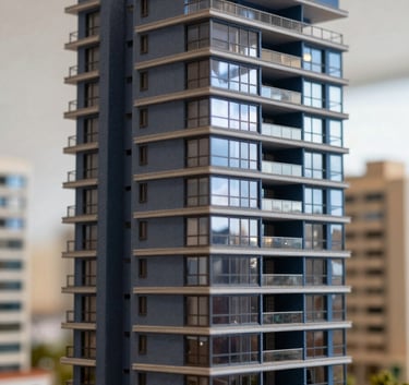 Close up of a modern architectural model of a residential building, clean lines, professional lighting, reflecting a palette of dark navy and slate blue, South American / Brazilian urban context.