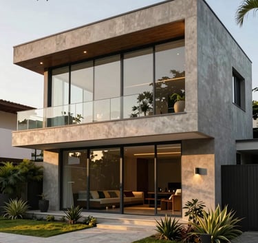 Exterior shot of a sophisticated modern luxury house in a South American / Brazilian neighborhood, featuring glass walls, concrete textures, and elegant landscape design, captured during the golden hour with soft sunlight.