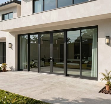 Wide shot of a luxurious contemporary North American residence featuring a massive pivot glass door, clean architectural lines, bright daylight.