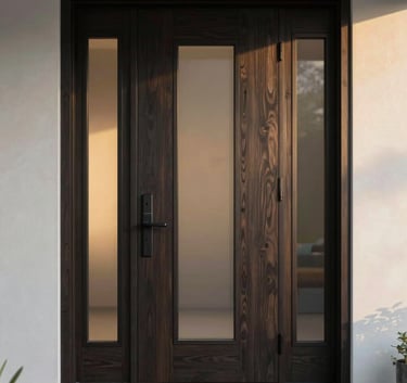 Close-up photography of a sleek minimalist modern front door with dark wood texture and narrow frosted glass inserts, golden hour light hitting the surface, North American home entryway.