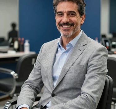 A portrait of a smiling Spanish business owner in a well-lit, modern barbershop. The lighting is soft and natural, emphasizing approachability, with Silver Grey and Steel Blue colors visible in the decor.
