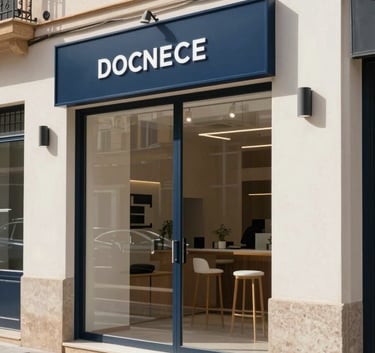 A clean, eye-level photograph of a modern storefront in Spain during a bright day. The image captures a professional and approachable atmosphere with Soft Off-white building walls and subtle Dark Navy Blue signage accents.