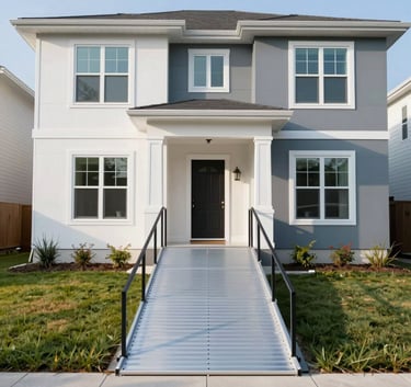 A wide-angle professional photograph of a modern residential home in the North American / US Tri-State area featuring a high-quality aluminum ramp leading to the front door. Bright morning sunlight highlights Soft White and Grey Blue architecture.