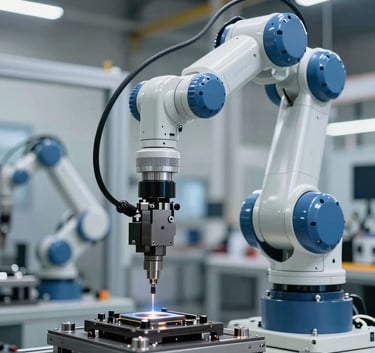 A sophisticated robotic arm performing high-precision assembly in a modern North American automotive factory. The lighting is crisp, highlighting the metallic textures of steel blue and soft cloud white components.