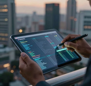 Close up photography of a professional's hands using a high-tech glass tablet displaying marketing data, set against a blurred South Asian tech-hub city backdrop at dusk.