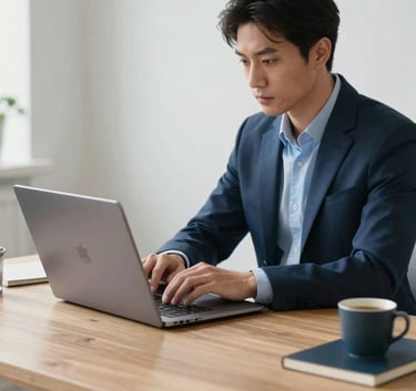 A professional working on a sleek laptop at a clean, minimalist wooden desk in a bright North American / US home office, sophisticated atmosphere with Dark Blue and Light Blue decor accents.