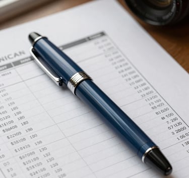 Close-up of a professional fountain pen resting on a detailed financial spreadsheet, North American / US office setting, soft natural light from a side window, featuring Medium Blue and Off-white color tones.