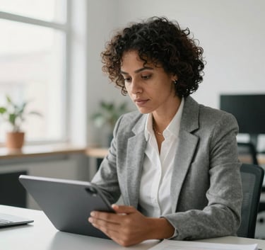 A focused professional person working in a bright, modern office with minimalist decor, using a tablet to analyze data, professional attire, soft natural lighting, Global / Francophone, emphasizing confidence and progress.