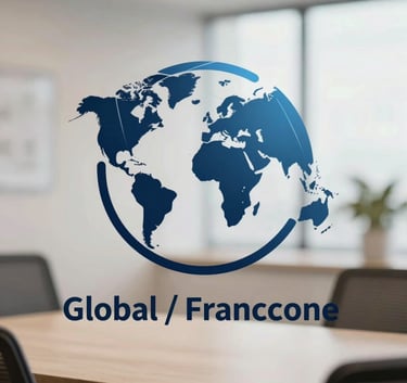 A sophisticated abstract logo representing global connectivity and growth, designed with clean geometric lines, metallic dark blue and muted blue accents, positioned against a soft-focus professional interior, Global / Francophone.