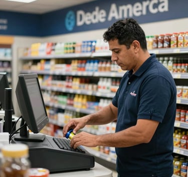 A Latinoamericano merchant in a well-organized minimarket scanning products at a modern checkout counter, natural lighting, focused on precision and technology, dark blue branding accents.