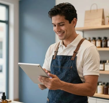 A Latinoamericano shop owner in a modern boutique smiling while using a sleek tablet to manage inventory, bright daylight, confident and professional mood, muted blue and off-white interior.