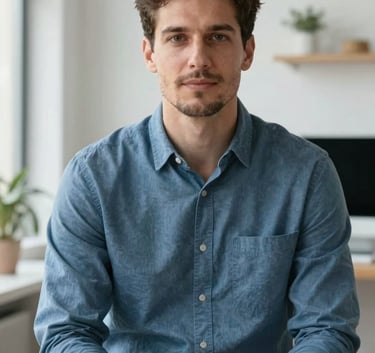 A professional portrait of a confident web designer in a Slate Blue shirt, sitting in a bright, modern studio with soft natural lighting and a minimalist background.