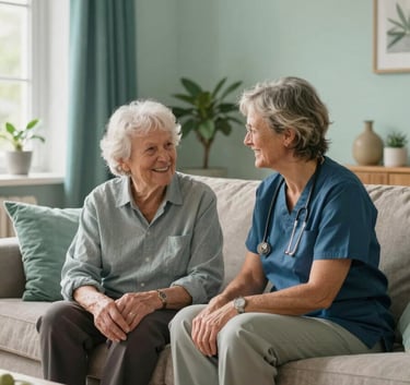 A warm and inviting photography of a sunlit living room in a Northern European / Dutch home. An elderly person and a friendly caregiver are sitting on a soft sofa, talking and smiling. The scene features soft mint and deep teal accents in the decor, creating a reliable and peaceful atmosphere.