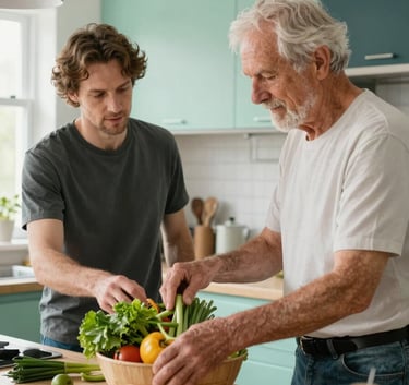 Photography of a professional in casual attire helping an elderly person organize groceries in a bright Northern European / Dutch kitchen. The lighting is soft and natural, with hints of mint green and dark teal in the kitchen accessories.