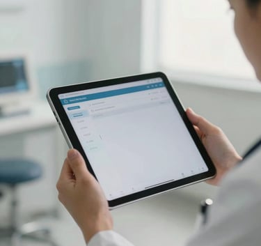 Close-up photography of a medical professional in a North American clinical setting holding a sleek tablet showing a clean interface, soft morning light, professional atmosphere.