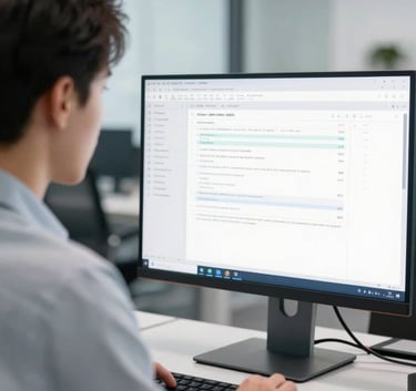 A focused professional in a modern North American / US office setting, bright Cool Mist White lighting, looking at a high-end monitor showing clean data layouts, Muted Steel Blue accents in the background, sophisticated and clean aesthetic.