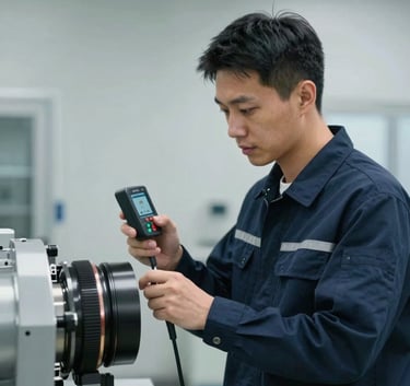 A professional East Asian / Chinese engineer wearing a clean, modern navy uniform, inspecting a large mechanical component with a digital measurement tool inside a bright, clean industrial facility with Cloud Gray walls.