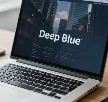 Close-up of a high-end, secure digital workspace in a North American / US financial district, featuring a professional laptop and Deep Blue stationary, reflecting authority and precision.