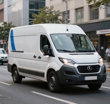 A sleek, modern white and blue delivery van driving through an international metropolitan street during the day, clean and professional composition.