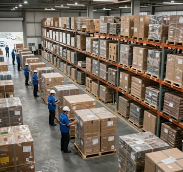 An expansive, modern logistics warehouse with organized packages and workers in professional blue attire, soft white lighting, international setting.