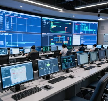 A wide-angle professional photography shot of a bright, high-tech command center in the US with multiple monitors showing clean blue data streams and secure connections.