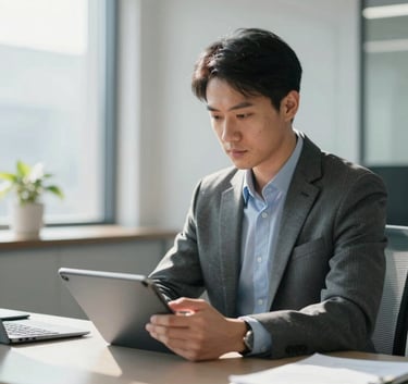 A professional analyst in business attire working in a sunlit North American office, focusing on a tablet with a background of soft grays and blues.