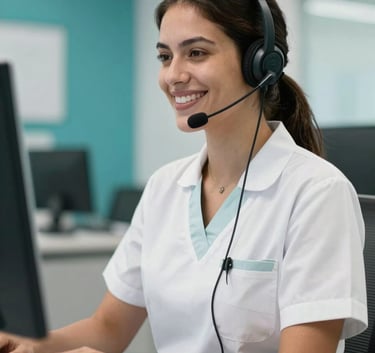 A professional South American / Brazilian medical assistant wearing a headset and smiling, sitting in a bright and modern administrative office with teal accents, professional photography.