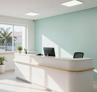 A wide shot of a contemporary Brazilian healthcare center reception, clean white and pale mint walls, professional atmosphere, natural morning light.