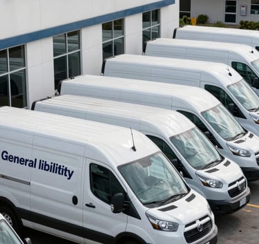 A fleet of commercial delivery vans parked in a tidy row outside a North American / US business facility, representing commercial auto and general liability coverage.