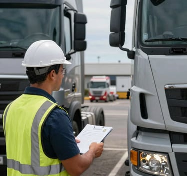Un instructor profesional explicando procedimientos de seguridad a un conductor de vehículo pesado frente a un centro logístico en las Islas Canarias.