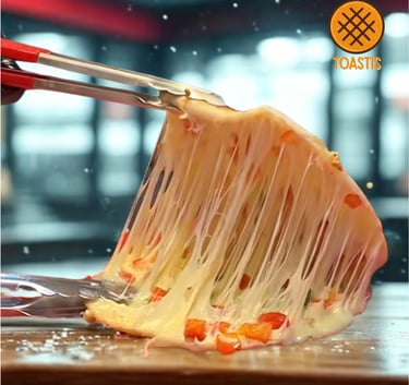 a person cutting a piece of Toastis Toastup with a fork and knife
