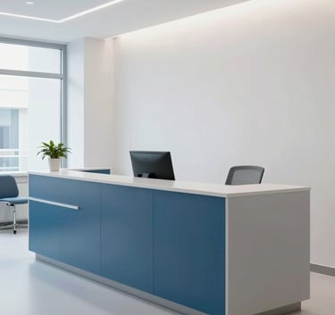 Bright and sterile reception area of a modern German medical practice, clean lines, minimalist furniture, featuring medium blue and grey-blue tones in the decor.