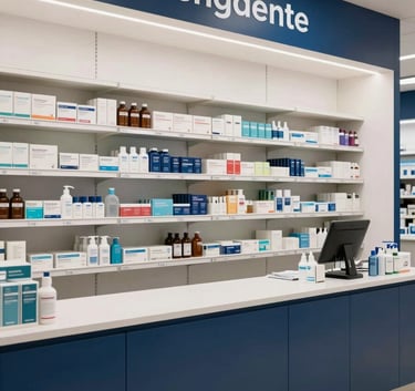 A clean, modern pharmacy interior in Central Europe, focused on organized shelves and a sterile counter, soft professional lighting, navy blue details.