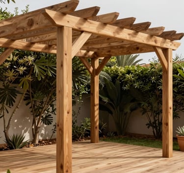 A beautifully crafted wooden pergola and outdoor deck in a Spanish / Latin American garden, showcasing modern craftsmanship and soft tan wood tones.
