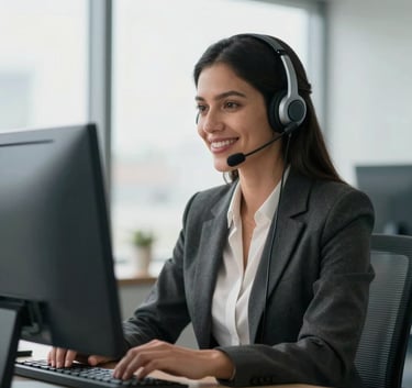 A professional South American woman in business attire wearing a high-tech headset, smiling warmly while working in a bright, modern office with soft daylight coming through windows.