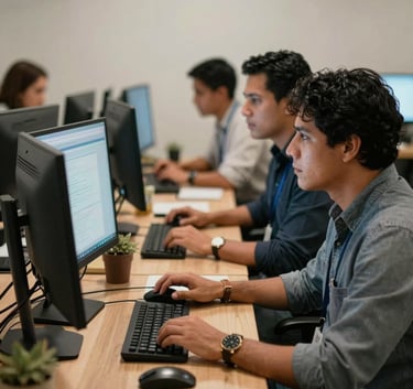A collaborative scene in a South American co-working space, showing professionals interacting behind computer monitors, conveying a sense of teamwork and efficiency.