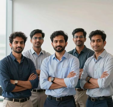 A professional portrait of a diverse South Asian team of consultants in a modern, bright office space in Bangalore, featuring soft natural lighting and a minimalist design.