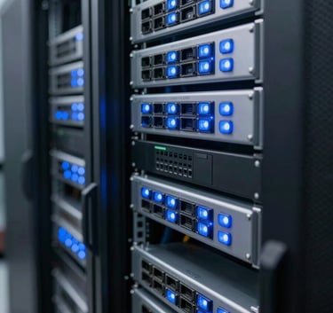 Clean and organized server room with glowing blue LED indicators on high-end networking equipment, shallow depth of field, professional corporate style.